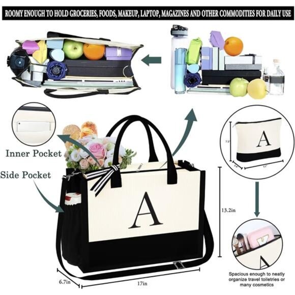 Mothers Day Gifts for Women - Initial Tote Bag & Makeup Hand‎ Bag for Moms - Picture 3 of 6